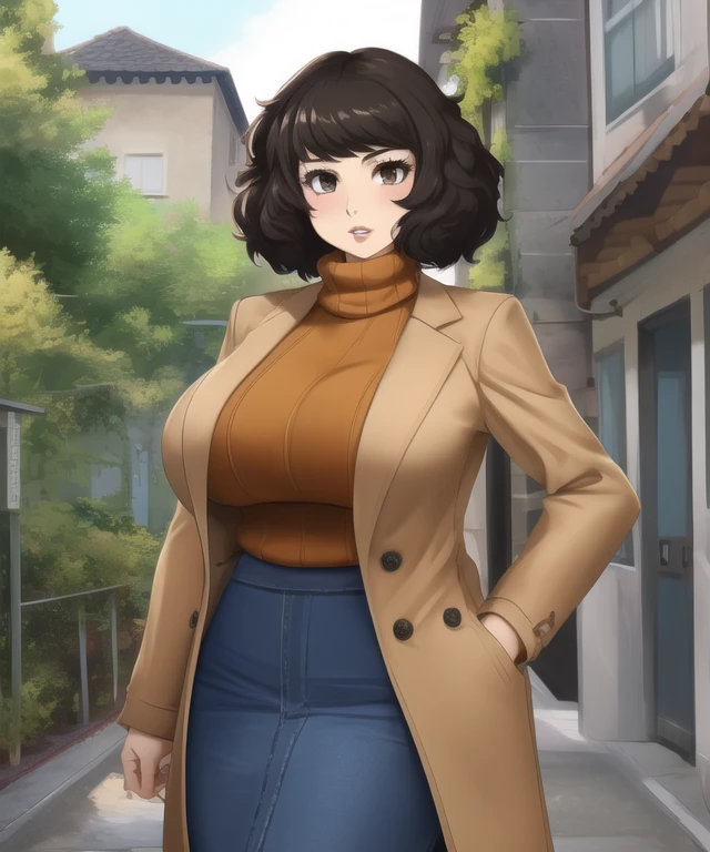 (best quality), (masterpiece), 1 girl, early 20's, huge heavy breasts, busty, massive breasts, thick, thick lips, wide hips, thin waist,skp5, bangs, sadayo kawakami, sweater, turtleneck sweater, skirt, pantyhose, blue skirt, coat, brown sweater, brown coat, ribbed sweater