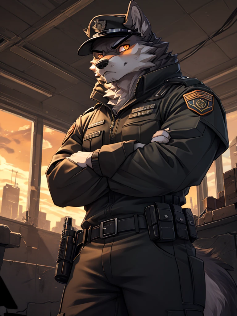 high quality, best quality masterpiece, the best definition add_detail:1 aesthetic and lighting details Wolf male military officer, decorated techwear clothing with officer hat, mature male, serious intense expression, ((menacing threatening)), thick body, black fur, apocalypse landscape, body with tattoo, detailed eyes, pupila amarilla orange eyes, (((arms crossed looking down at viewer))), dramatic angle add_detail:1
