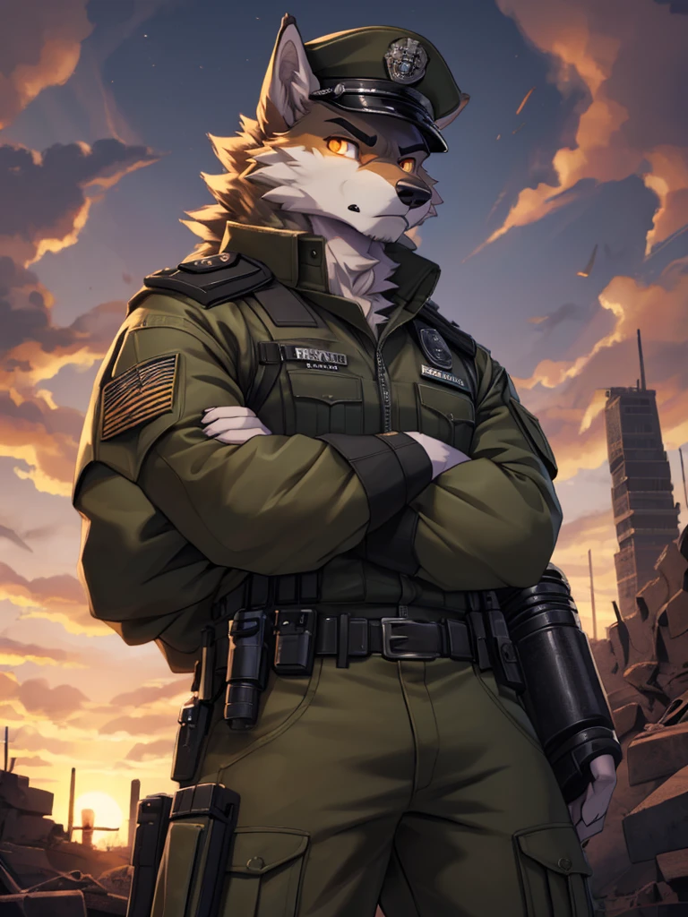 high quality, best quality masterpiece, the best definition add_detail:1 aesthetic and lighting details Wolf male military officer, decorated techwear clothing with officer hat, mature male, serious intense expression, ((menacing threatening)), thick body, black fur, apocalypse landscape, body with tattoo, detailed eyes, pupila amarilla orange eyes, (((arms crossed looking down at viewer))), dramatic angle add_detail:1