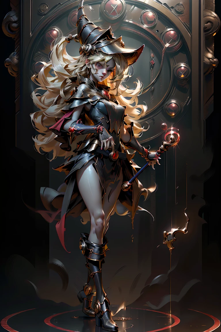 (8k,photorealistic raw photography the highest quality;1.4) (1girl in) super beauty (realistic face) femenine body (Blonde with long curls) Hold a black and red magic wand. combat scene Magic hat with black and gold exterior. Beautiful expression Glare (Real looking skin) (Giles dark wizards) tempting super high resolution A hyperrealist High detail Full body photo remains