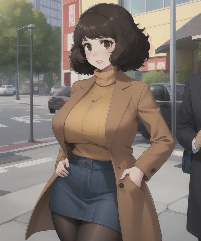 (best quality), (masterpiece), 1 girl, early 20's, huge heavy breasts, busty, massive breasts, thick, thick lips, wide hips, thin waist,skp5, bangs, sadayo kawakami, sweater, turtleneck sweater, skirt, pantyhose, blue skirt, coat, brown sweater, brown coat, ribbed sweater