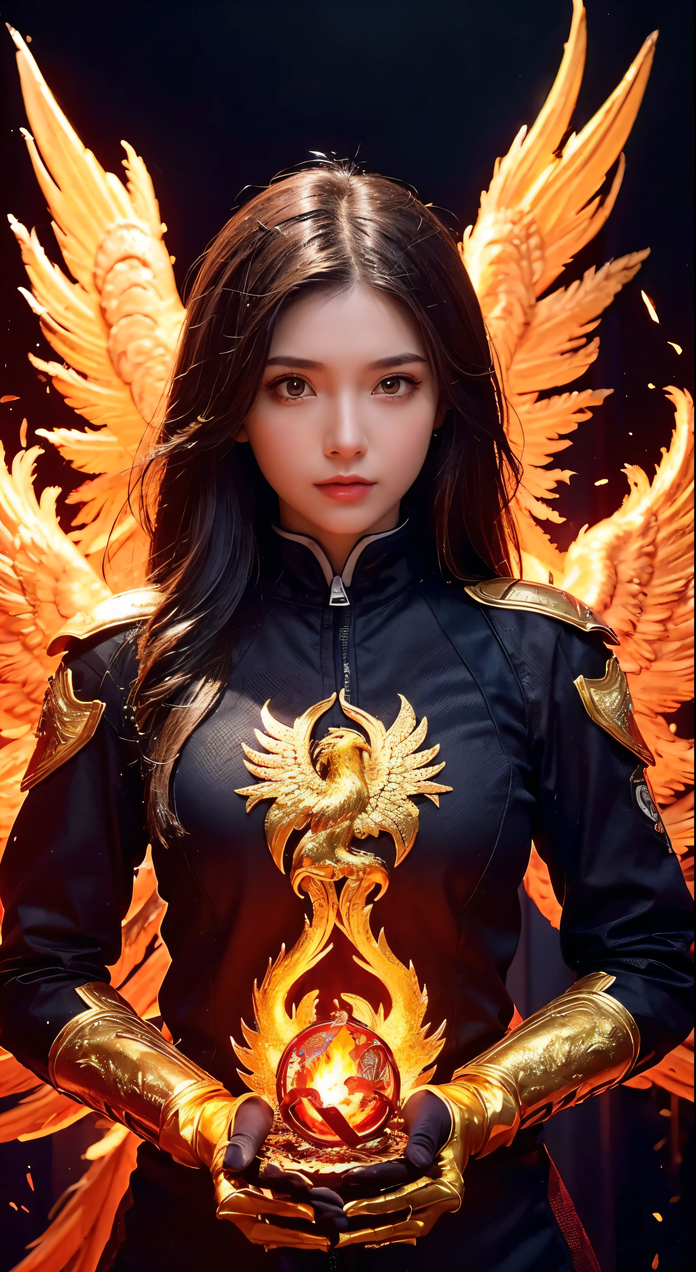 (upper body:1.3), 1girl,hoenix keeper, fireproof suit with a golden phoenix emblem, fire cage with obsidian bars, phoenix nest with shimmering golden feathers, talon gloves for handling the phoenix, fire ruby for feeding the phoenix,