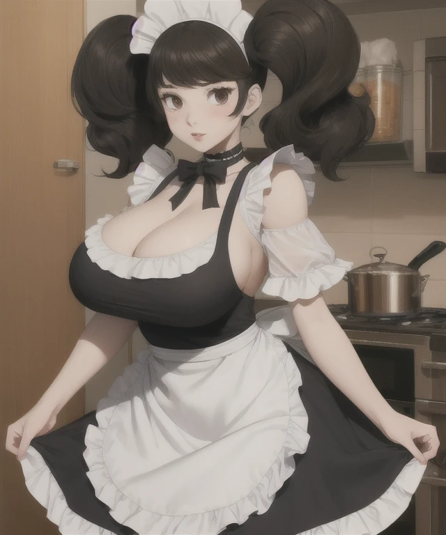 (best quality), (masterpiece), 1 girl, early 20's, huge heavy breasts, busty, massive breasts, thick, thick lips, wide hips, thin waist,skp5, bangs, twintails, sadayo kawakami, maid, maid headdress, choker, frills, apron, cleavage, short sleeves, maid apron, dress, white pantyhose
