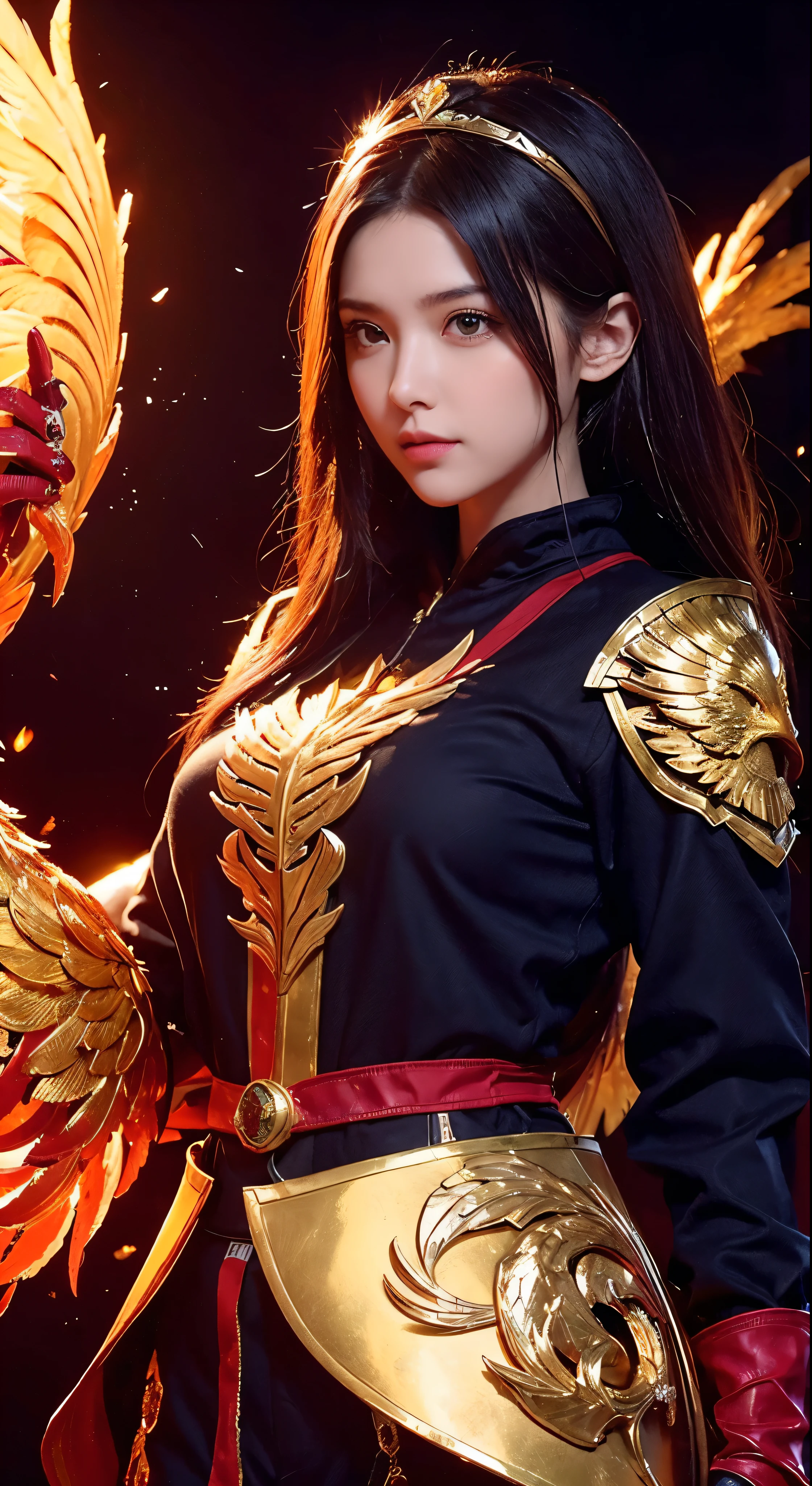 (upper body:1.3), 1girl,hoenix keeper, fireproof suit with a golden phoenix emblem, fire cage with obsidian bars, phoenix nest with shimmering golden feathers, talon gloves for handling the phoenix, fire ruby for feeding the phoenix,