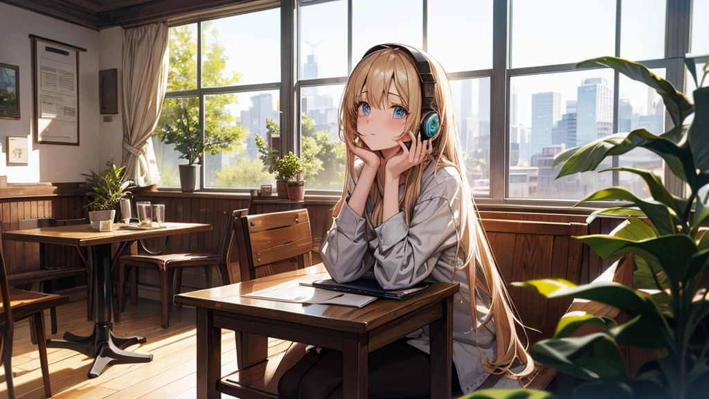 A beautiful and cute 20-year-old girl wearing headphones, studying in a cozy city cafe. The scene should depict a relaxed and serene atmosphere, with warm lighting and a soft, dreamy background. The girl has long, flowing hair, is dressed casually in comfortable clothes, and is surrounded by books and a laptop. The cafe interior is stylish, with wooden tables, plants, and a large window showing a peaceful urban street outside.