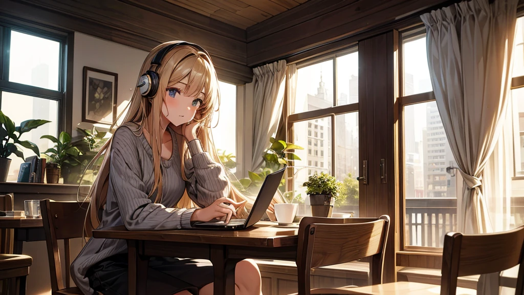 A beautiful and cute 20-year-old girl wearing headphones, studying in a cozy city cafe. The scene should depict a relaxed and serene atmosphere, with warm lighting and a soft, dreamy background. The girl has long, flowing hair, is dressed casually in comfortable clothes, and is surrounded by books and a laptop. The cafe interior is stylish, with wooden tables, plants, and a large window showing a peaceful urban street outside.