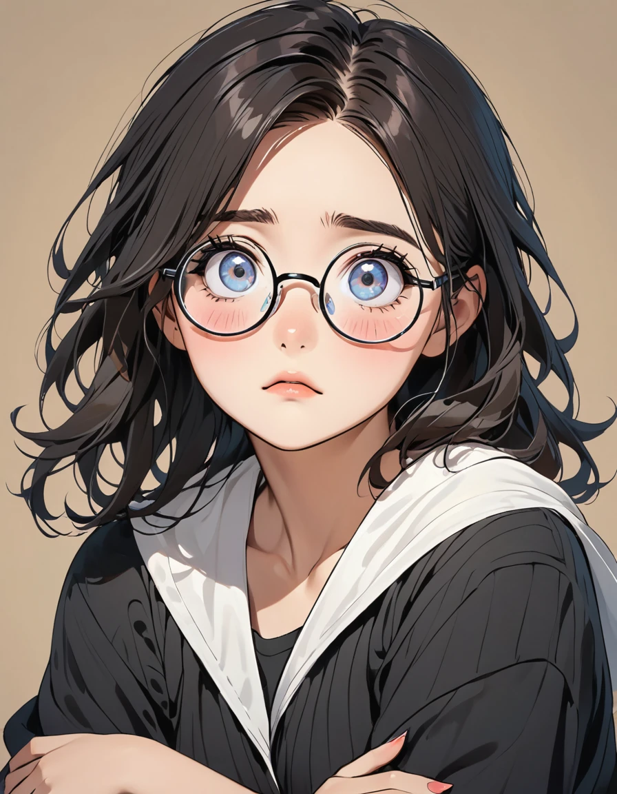 A lazy girl with dark circles under her eyes, nervous and a little fat,circle-glasses