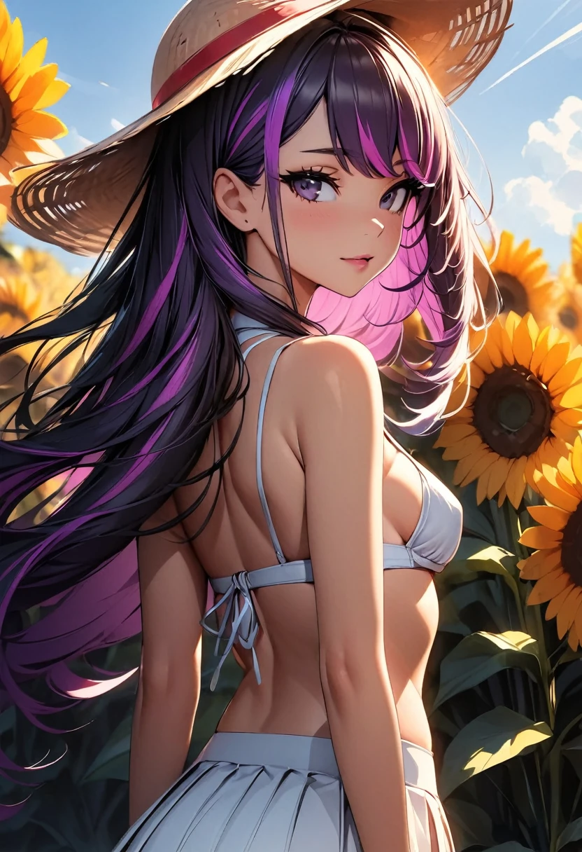 (highest quality:1.2, Very detailed, up to date, Vibrant, Ultra-high resolution, High Contrast, masterpiece:1.2, highest quality, Best aesthetics), Portraiture、girl、Bright colors、Beautiful fine details、Beautiful lip detail、long hair、black and purple ((streaked hair:1.6)), highlights hair: 1.5, rbrown eyes, slim body, small breast, Casual straw hat, white Skirt-style-bikini, t-back shorts, There is a huge sunflower field in the distant background. Open scenery, blue sky, sunny day, bright sunlight, looking back, seductive and sexy look, Cowboy shot,