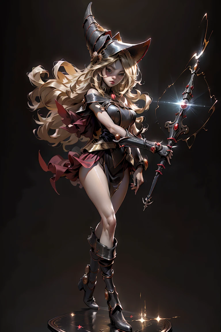 (8k,photorealistic　raw photography　the highest quality;1.4) 　(1girl in)　super beauty　(realistic face)　femenine body 　(Blonde with long curls)　Hold a black and red magic wand.　combat scene　Magic hat with black and gold exterior.　Beautiful expression　Glare　(Real looking skin)　(Giles dark wizards)　tempting　super high resolution　A hyperrealist　High detail　Full body photo　remains