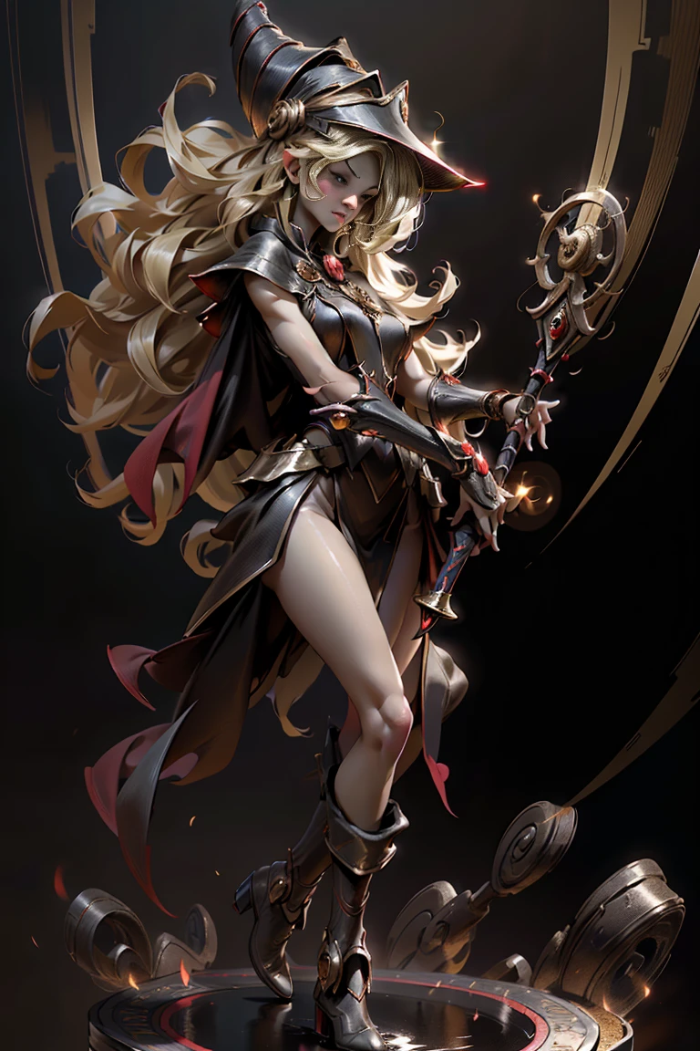 (8k,photorealistic raw photography the highest quality;1.4) (1girl in) super beauty (realistic face) femenine body (Blonde with long curls) Hold a black and red magic wand. combat scene Magic hat with black and gold exterior. Beautiful expression Glare (Real looking skin) (Giles dark wizards) tempting super high resolution A hyperrealist High detail Full body photo remains