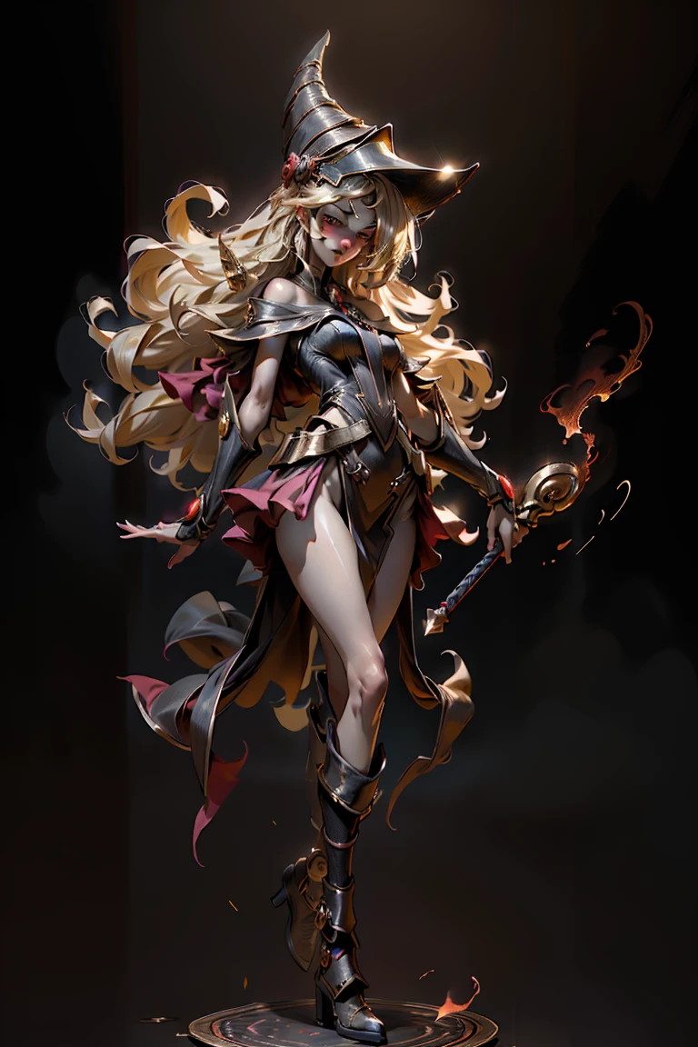 (8k,photorealistic raw photography the highest quality;1.4) (1girl in) super beauty (realistic face) femenine body (Blonde with long curls) Hold a black and red magic wand. combat scene Magic hat with black and gold exterior. Beautiful expression Glare (Real looking skin) (Giles dark wizards) tempting super high resolution A hyperrealist High detail Full body photo remains