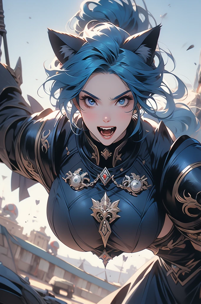 1girl, cat ears, blue hair, full plate, war hammer, ready to pounce, ready to jump, teeth
