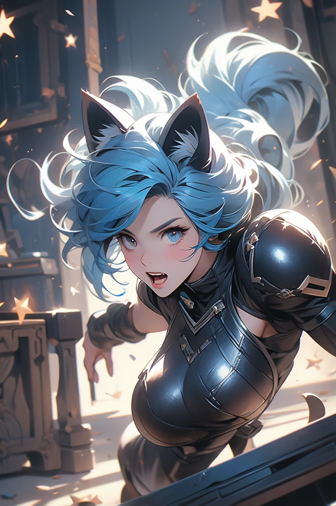 1girl, cat ears, blue hair, full plate, war hammer, ready to pounce, ready to jump, teeth