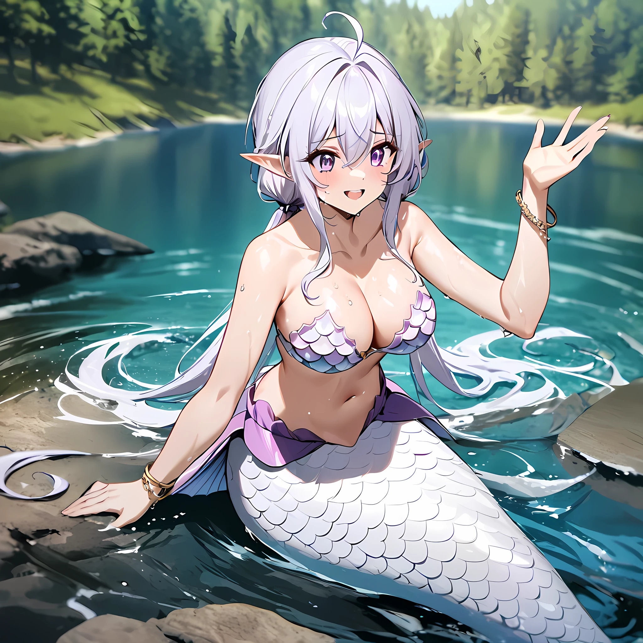 (masterpiece), best quality, expressive eyes, perfect face,1girl,YukineChris,day,forest lake,long hair, purple eyes, twintails,low twintails, ahoge, large breasts,happy,pointy ears,sitting in water,wet,water,mermaid,white mermaid tail,tail fins,white scales,strapless bikini,scale bikini,bangles,outstreched hand