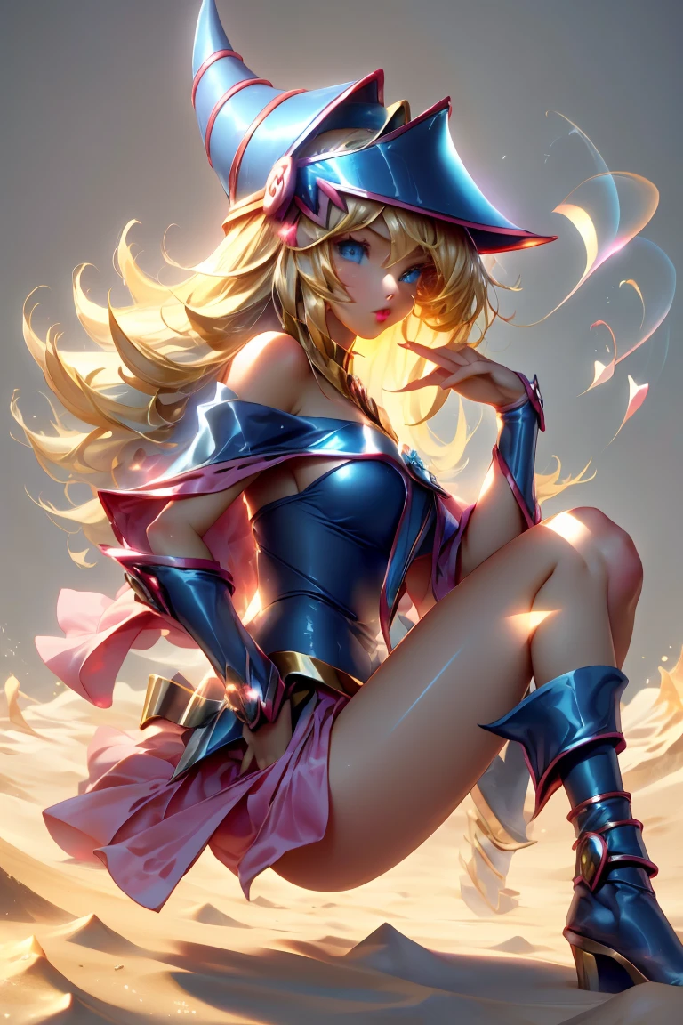 Dark magician gils dressed as the sand goddess from Saint Seiya. Vestido white, tight, white. blond hair. blue eyes. Red lips. Whole body. Athena background. Sensual and innocent pose. Magic circle around you. Magic of the heart in the air.