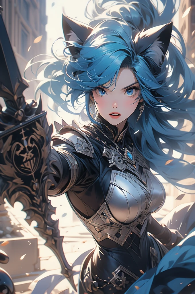 1girl, cat ears, blue hair, full plate, war hammer, ready to pounce, ready to jump, teeth, knight