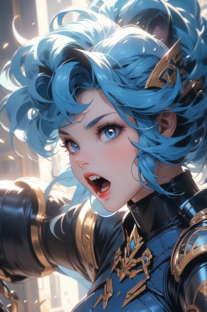 1girl, cat ears, blue hair, full plate, war hammer, ready to pounce, ready to jump, teeth, knight