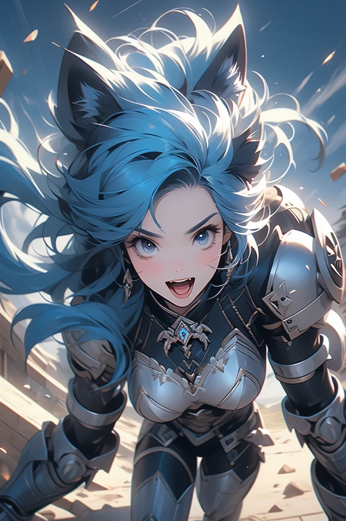 1girl, cat ears, blue hair, full plate, war hammer, ready to pounce, ready to jump, teeth, knight