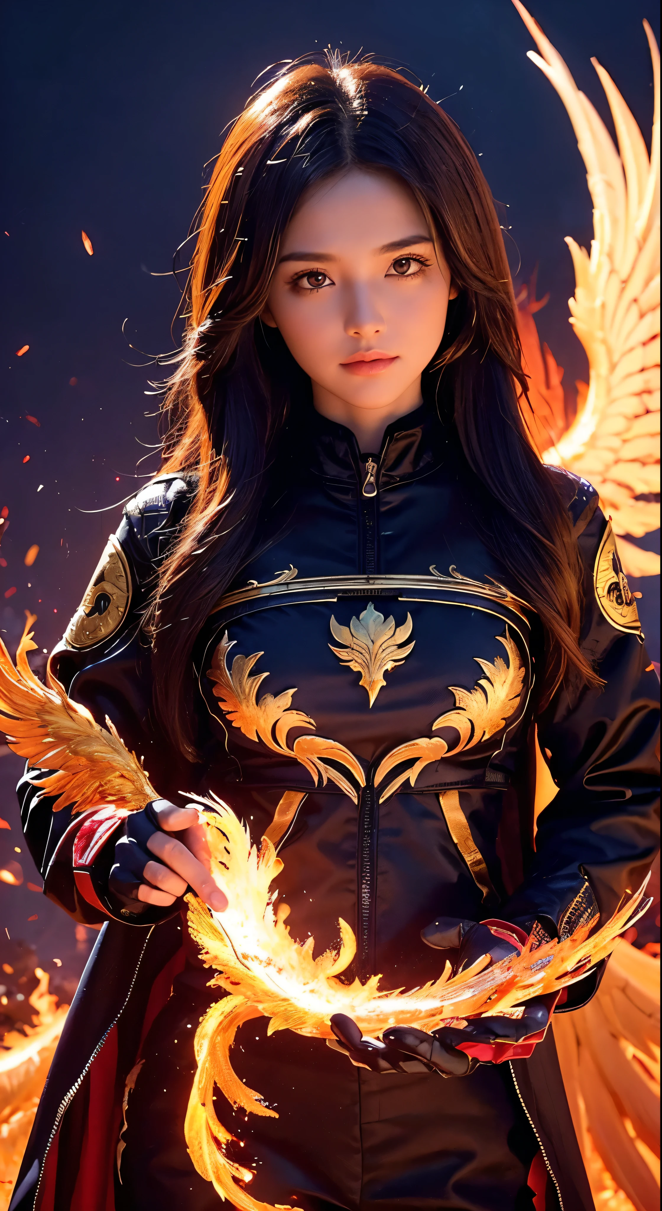 (upper body:1.3), 1girl,hoenix keeper, fireproof suit with a golden phoenix emblem, fire cage with obsidian bars, phoenix nest with shimmering golden feathers, talon gloves for handling the phoenix, fire ruby for feeding the phoenix,