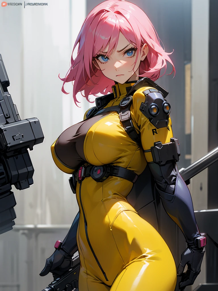 fake big breats, blue eyes detailed 8k , Mulher madura in metal gear rising raiden body details, bust photo, big pink hair, shining blue eyes, wearing a mustard yellow jumpsuit, breasts big, looking 35 years old, eye on the spectator, look to the camera, , The background is a cyberpunk city, Expression of vengeance, facefocus, facing the front, focus on bust, massive tits
