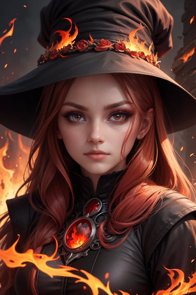 An extremely beautyful fire witch, perfect mesmerizing red eyes, looking to the camera, close up
