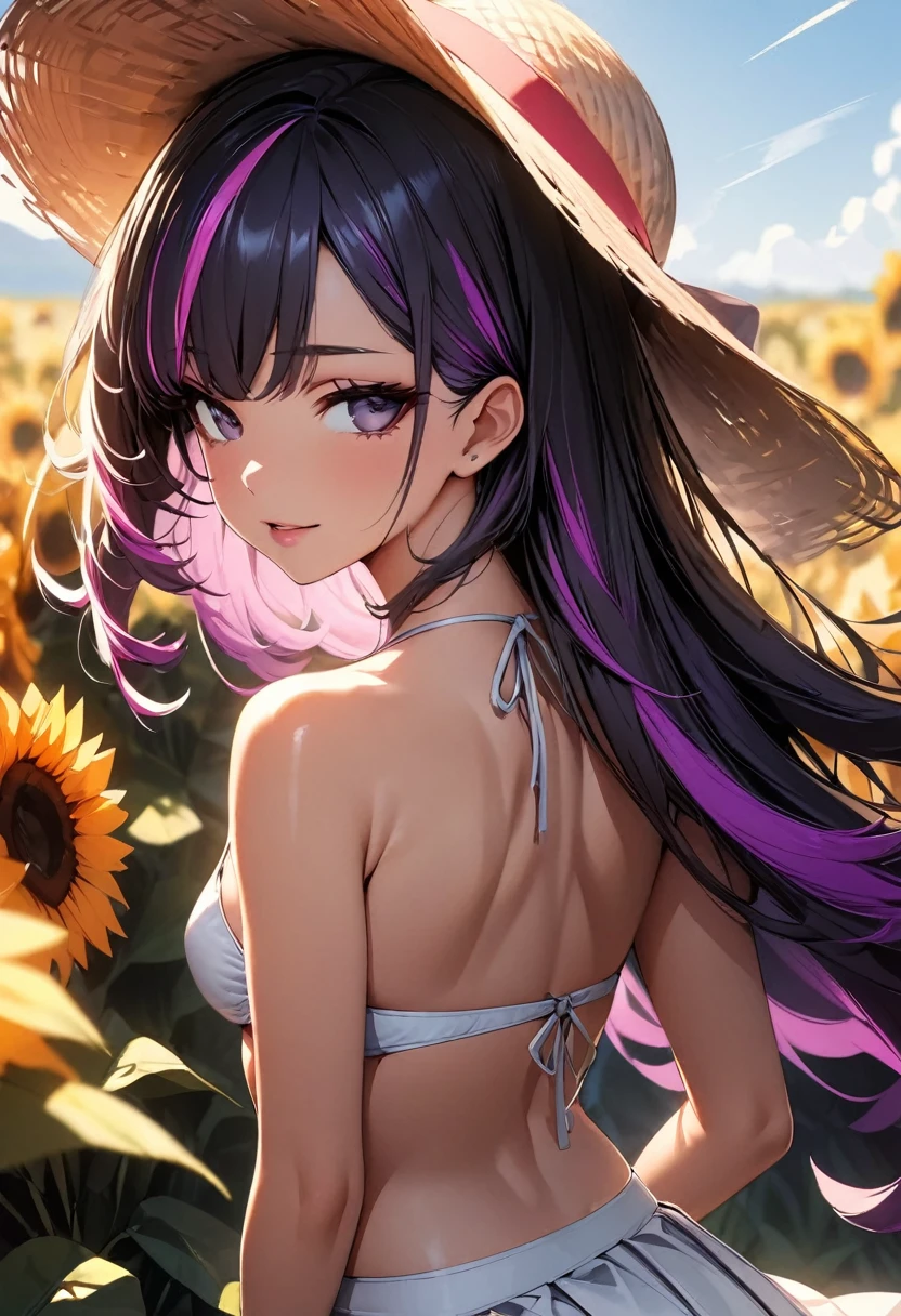 (highest quality:1.2, Very detailed, up to date, Vibrant, Ultra-high resolution, High Contrast, masterpiece:1.2, highest quality, Best aesthetics), Portraiture、girl、Bright colors、Beautiful fine details、Beautiful lip detail、long hair、black and purple ((streaked hair:1.6)), highlights hair: 1.5, rbrown eyes, slim body, small breast, Casual straw hat, white Skirt-style-bikini, t-back shorts, There is a huge sunflower field in the distant background. Open scenery, blue sky, sunny day, bright sunlight, looking back, seductive and sexy look, Cowboy shot,