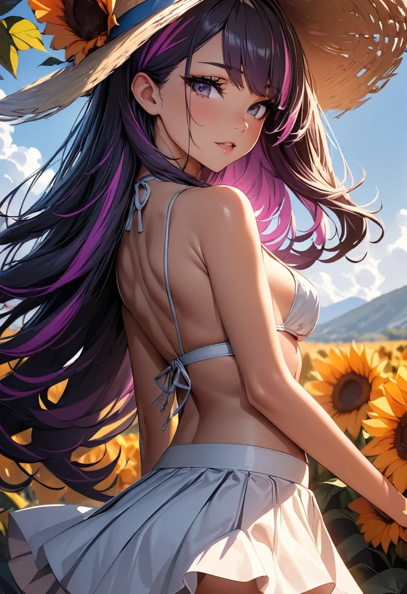 (highest quality:1.2, Very detailed, up to date, Vibrant, Ultra-high resolution, High Contrast, masterpiece:1.2, highest quality, Best aesthetics), Portraiture、girl、Bright colors、Beautiful fine details、Beautiful lip detail、long hair、black and purple ((streaked hair:1.6)), highlights hair: 1.5, rbrown eyes, slim body, small breast, Casual straw hat, white Skirt-style-bikini, t-back shorts, There is a huge sunflower field in the distant background. Open scenery, blue sky, sunny day, bright sunlight, looking back, seductive and sexy look, Cowboy shot,