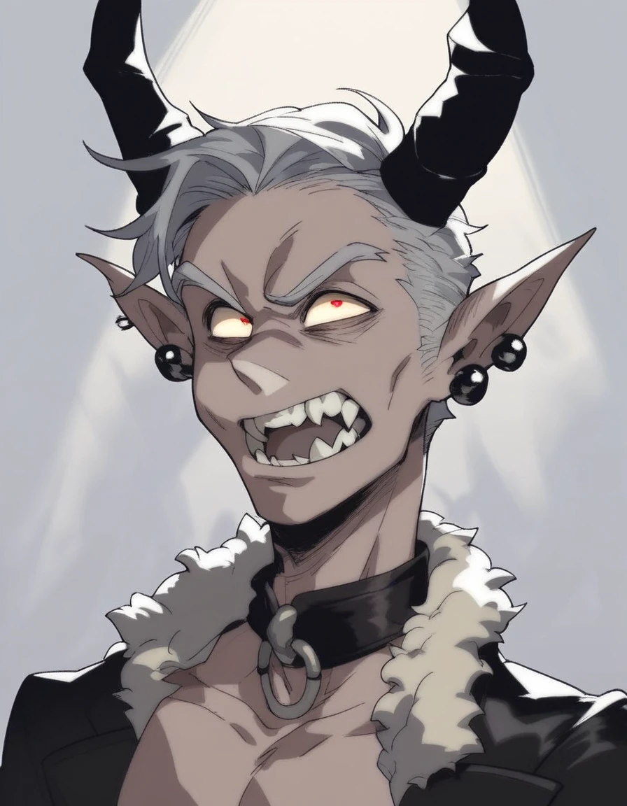 a demonic boy with horns, detailed face, piercing eyes, sharp fangs, black leather jacket, dark gothic outfit, dramatic lighting, moody atmosphere, rich colors, cinematic composition, digital art, concept art style