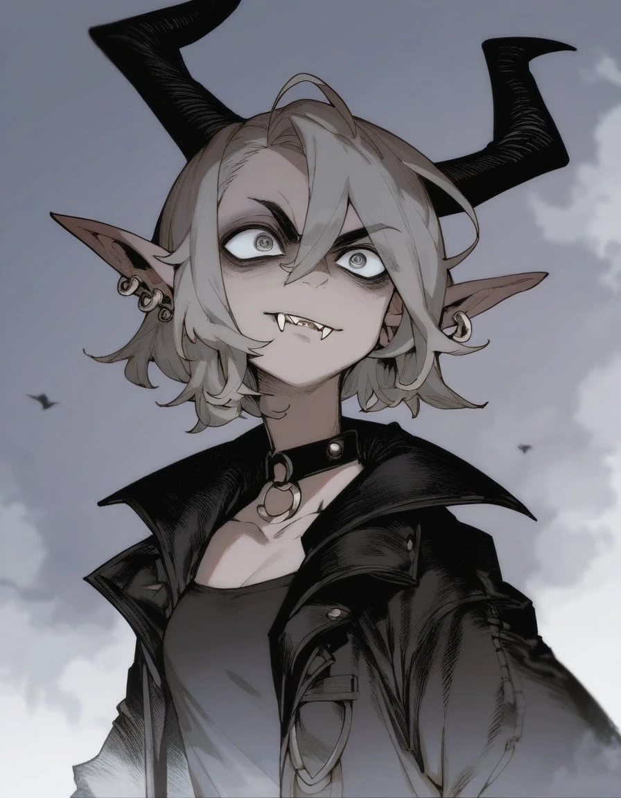 a demonic boy with horns, detailed face, piercing eyes, sharp fangs, black leather jacket, dark gothic outfit, dramatic lighting, moody atmosphere, rich colors, cinematic composition, digital art, concept art style