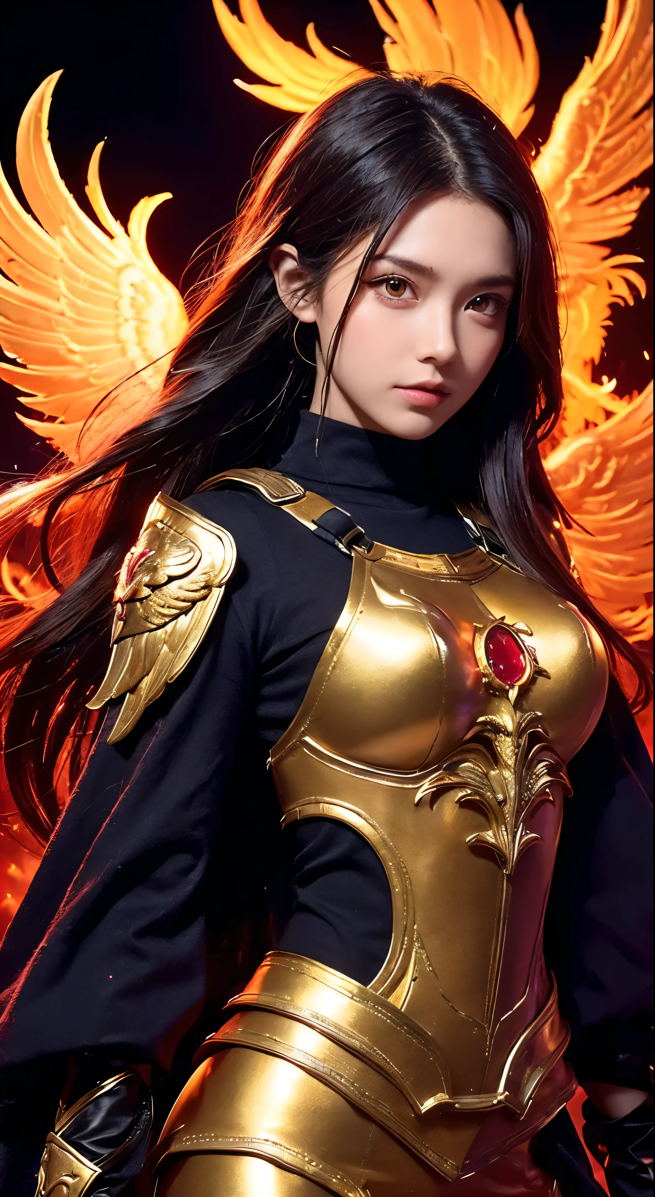 (upper body:1.3), 1girl,hoenix keeper, fireproof suit with a golden phoenix emblem, fire cage with obsidian bars, phoenix nest with shimmering golden feathers, talon gloves for handling the phoenix, fire ruby for feeding the phoenix,