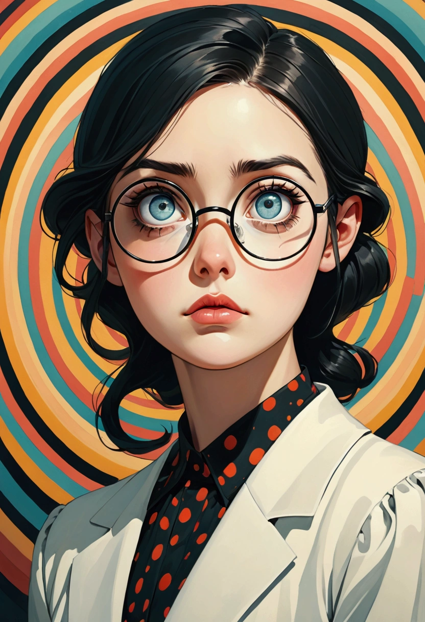 A lazy girl with dark circles under her eyes, nervous and a little fat,circle-glasses
