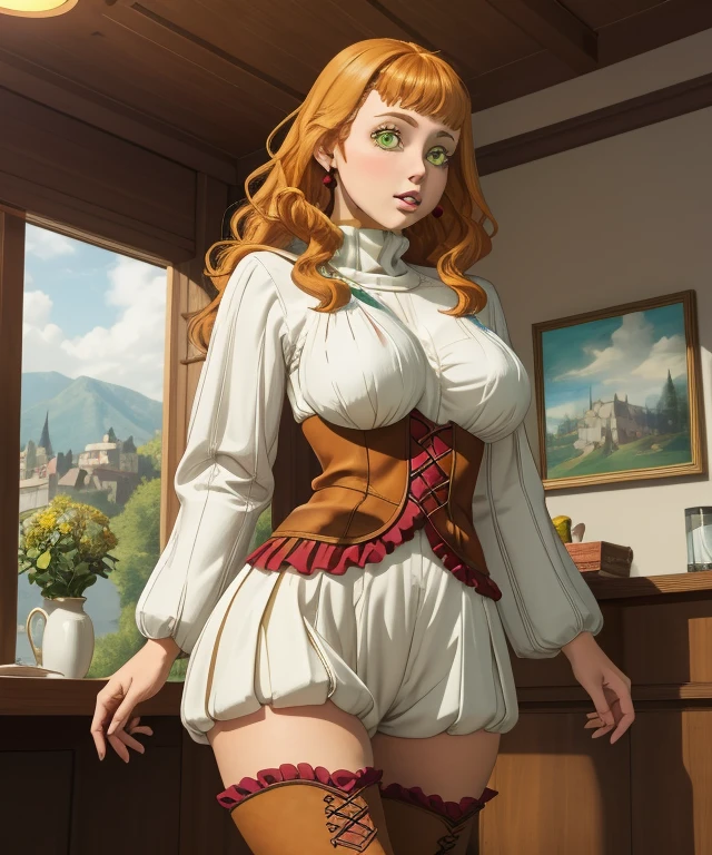 (best quality), (masterpiece), 1 girl, early 20's, huge heavy breasts, busty, massive breasts, thick, thick lips, wide hips, thin waist, mimosa vermillion, orange hair, green eyes, turtleneck sweater, corset, thighhighs, thigh boots, earrings