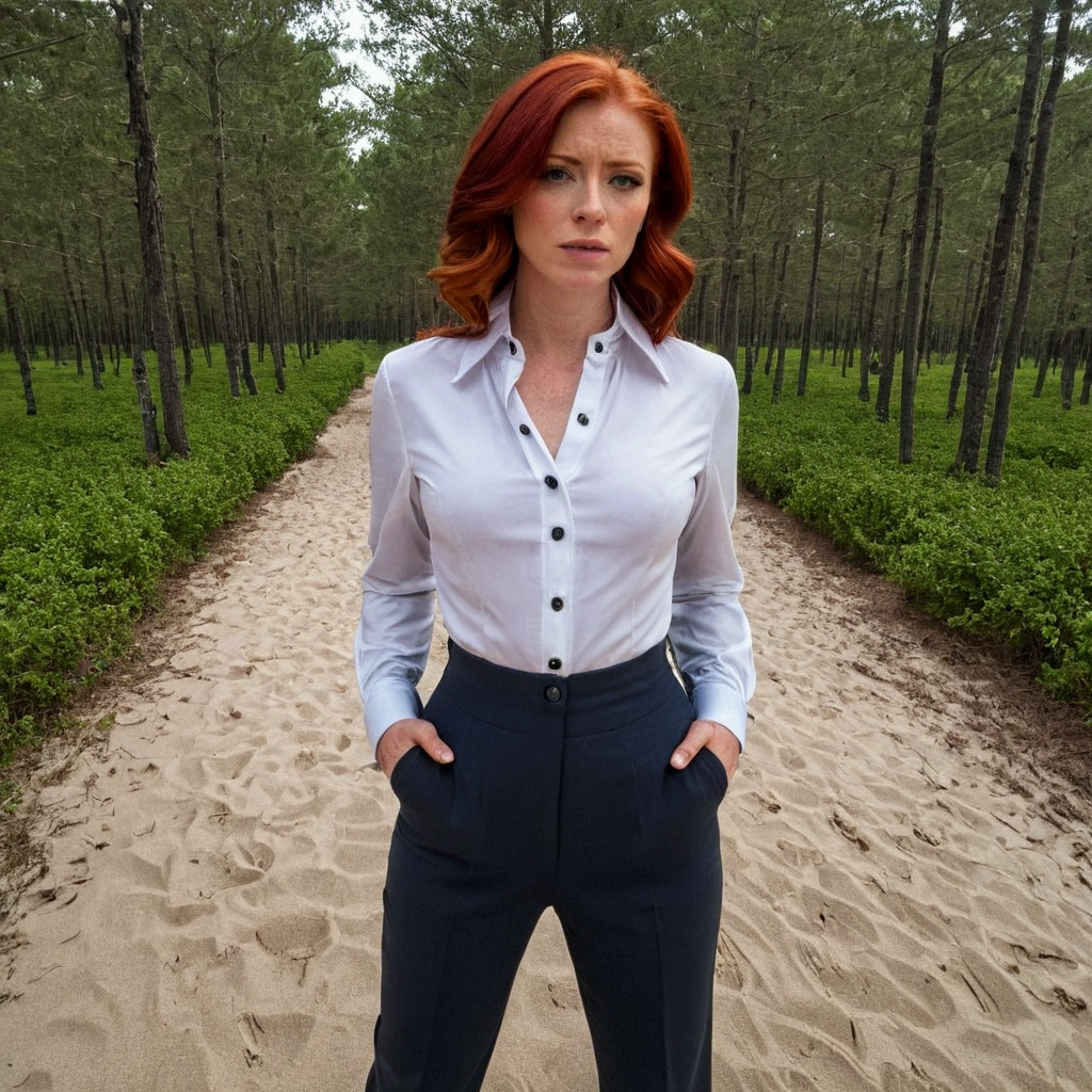 serious woman, Red hair , shy, sehr lange Red hair, wears a strict blouse, Bluse bis oben buttoned up, visible buttons on the blouse, ,Sleeve style suit, fullbody, perfect, other pose, buttoned up, serious clothing style, Business Woman, in forest, wide angle, Kragen buttoned up, strictly dressed, tightly zipped shirt, buttonGap, Photo on the beach, --ar 1:1 -- in 5.2