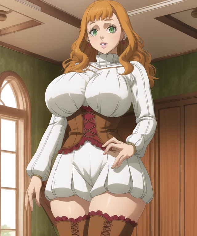 (best quality), (masterpiece), 1 girl, early 20's, huge heavy breasts, busty, massive breasts, thick, thick lips, wide hips, thin waist, mimosa vermillion, orange hair, green eyes, turtleneck sweater, corset, thighhighs, thigh boots, earrings