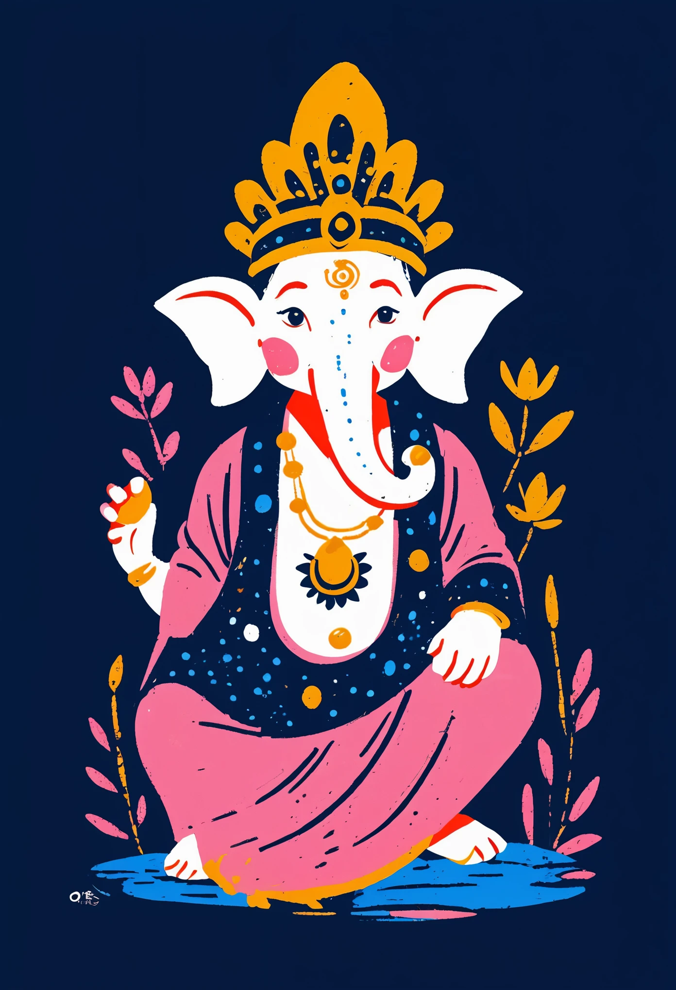 A beautiful statue of the Indian god Lord Ganesha adorned with boho chic style flowers and Hindu elements, with a predominance of pink color. Vector t-shirt art.