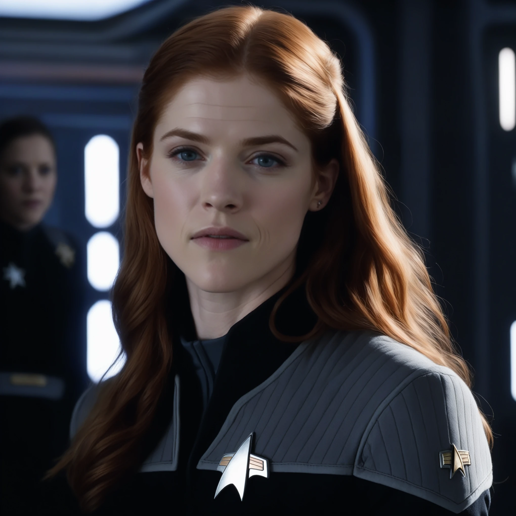 rose_leslie, long hair, looking at viewer, blonde hair, wearing ds9st uniform, realistic, , ((perfect eyes, detailed eyes,realistic eyes)), ((sharp face, detailed face, realistic face, naturtal skin, realistic skin, detailed skin, pores))