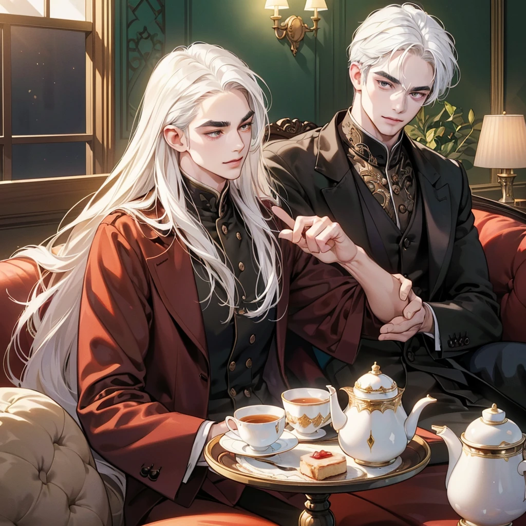 (masutepiece, Digital Art, Digital Illustration, 4K, 8K, Ultra-detailed, beautiful image, Sharp Image, Photorealistic, Raw photo, Perfect face, Perfect lines, Perfect eyes, Soft lighting) 1 male human, (A white hair, of hair between the eyes,2 blocks long, long hair, Lowered eyebrows,Parallel eyebrows,Narrow-eyed,drooing eyes,Beauty,kindly smile,ember,40 years old:1.3),Handsome men, (ember,Man in a suit,Thin macho,Firm shoulder width,Adult male:1.2),Antique furniture,Antique sofa,Leather sofa,Antique table,aroma Candle,fantastical light,candelabra,At work,Sleepy face,Frantically opening your eyes,Troubled face,Beautiful eyebrows,Chunky jaws,Wrinkles at the corners of the eyes,afternoon tea,black tea,teapot
