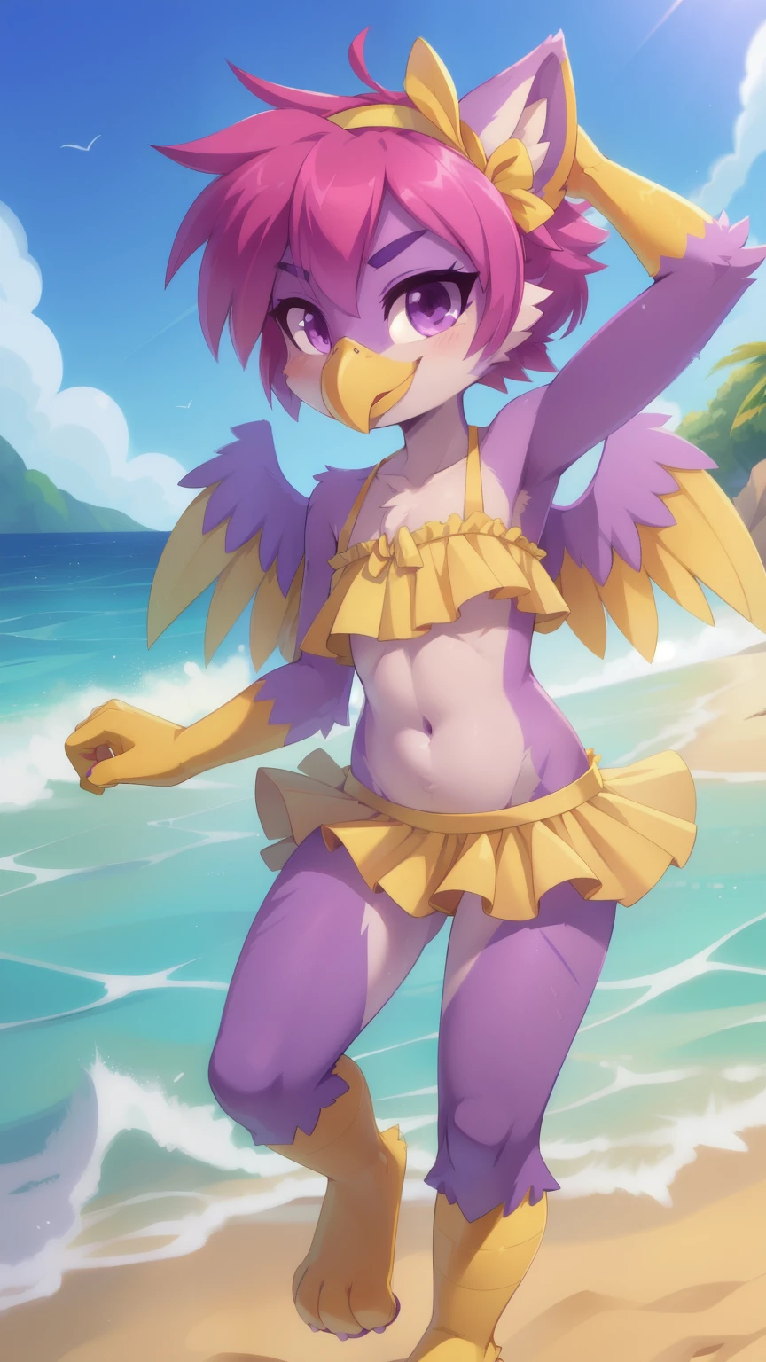 score_9,score_8_up,score_7_up, source_cartoon, source_furry, Furry girl, bird, yellow bird beak, magenta hair, spiky hairstyle, pointy bangs, short pointy ponytail, anime style, small breasts, purple eyes, big eyebrows, purple animal ears, ((yellow ruffled frilly swim top, yellow ruffled frilly swim bottom, yellow headband with ribbon)), high quality, detailed body, detailed eyes, detailed face, masterpiece, glistening body, detailed body fur, best quality, clear purple body fur, skinny, purple feathered back wings, avian, detailed hands, perfect lighting, perfect shadows, perfect eyes, perfect hair, perfect face, gorgeous body, full body, ((yellow feets, feets with three toes, 3 toes)), smirk, navel, detailed Illumination, front Illumination, beach, clear sky,