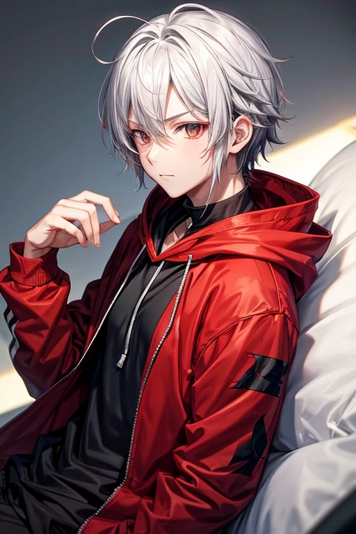 anime boy.drawn in red and black hoodie with silver hair