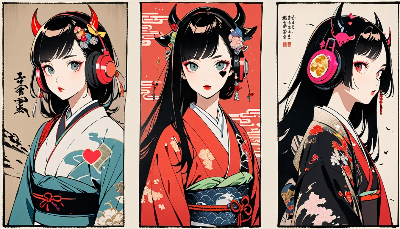 (((Ink Painting))), Fashion portrait color photos, (((1 girl))), (((devil))), (((Heart tattoo on face))), (((Very flashy hair accessories))), (((Very flashy makeup))), Japanese style headphones, front view, Japan人の美女, Black Hair, Delicate and precise, Modern ukiyo-e style,Japan, Droopy eyes, round face, Fuller lips, vivid color