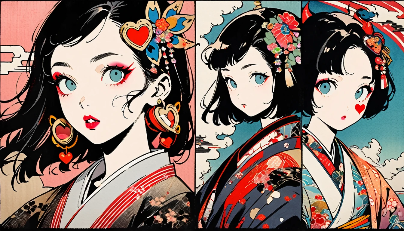 (((Ink Painting))), Fashion portrait color photos, (((1 girl))), (((devil))), (((Heart tattoo on face))), (((Very flashy hair accessories))), (((Very flashy makeup))), Japanese style headphones, front view, Japan人の美女, Black Hair, Delicate and precise, Modern ukiyo-e style,Japan, Droopy eyes, round face, Fuller lips, vivid color