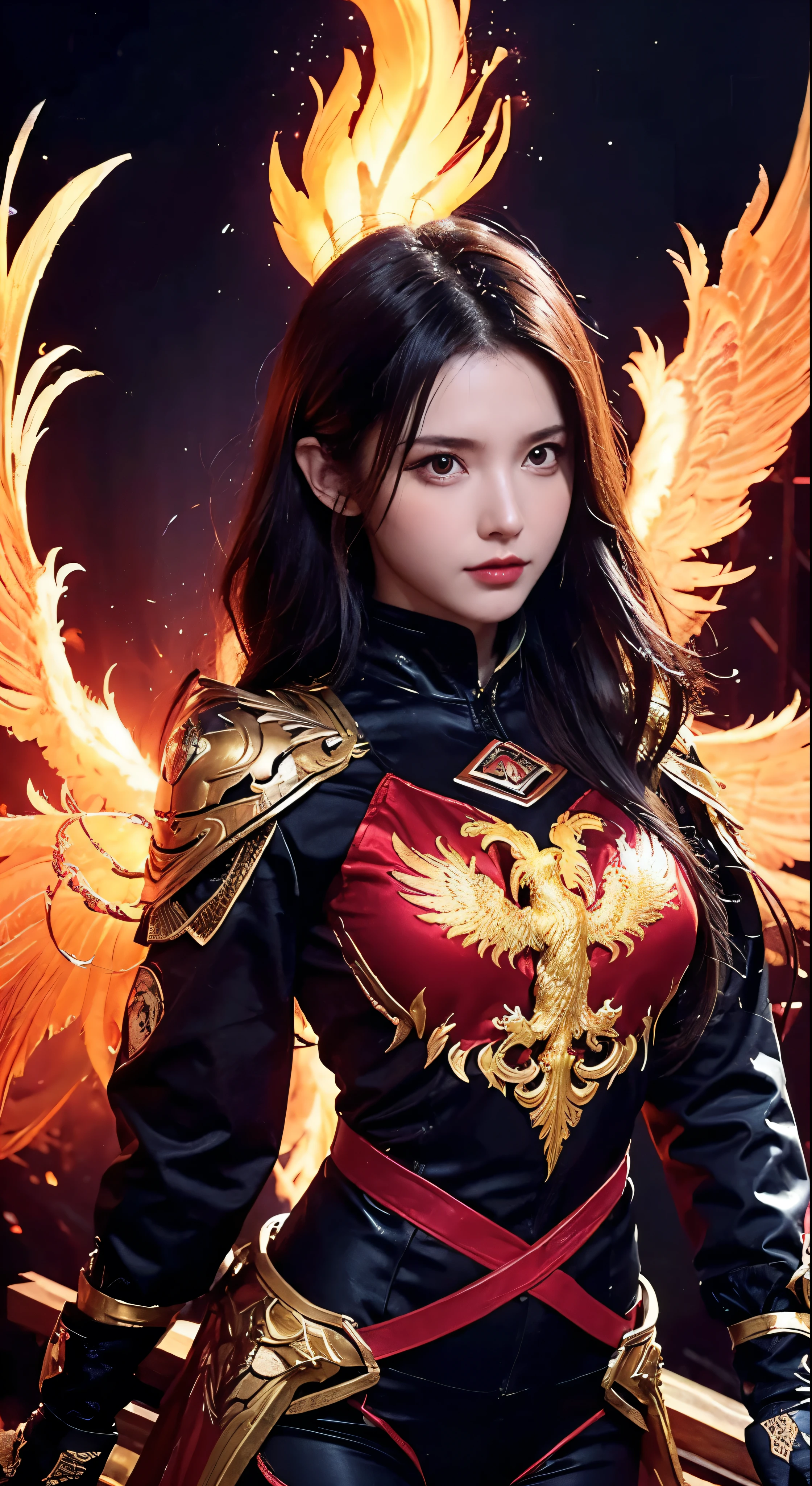 (upper body:1.3), 1girl,hoenix keeper, fireproof suit with a golden phoenix emblem, fire cage with obsidian bars, phoenix nest with shimmering golden feathers, talon gloves for handling the phoenix, fire ruby for feeding the phoenix,