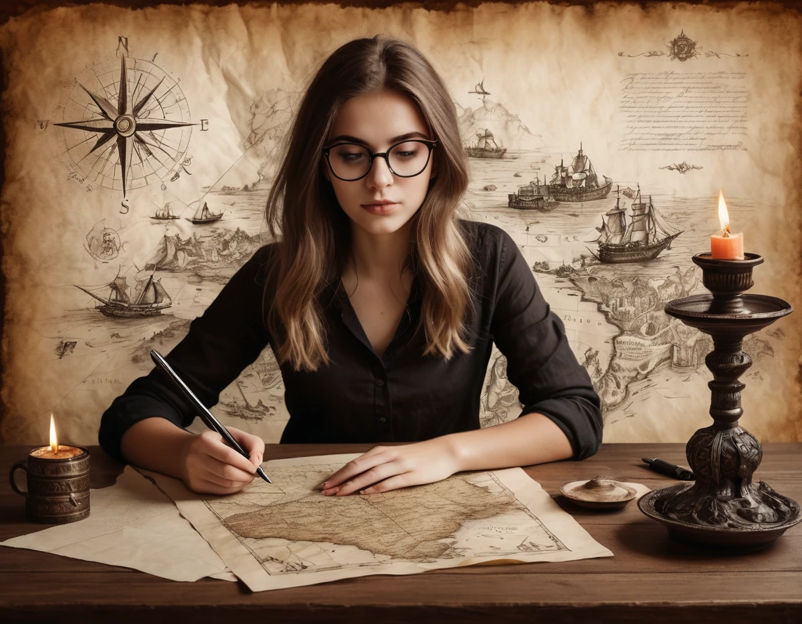 Portrait of a beautiful modern girl with glasses at the table, writing text on a sheet of parchment, porcelain cup of hot black coffee and a candlestick with lit candles next to parchment, beautiful graceful hands with beautiful fingers, tired, thoughtful look; Drawn on paper，sketch，old parchment，pencil sketch，Stereoscopic light and shadow，Against the backdrop of a fantasy world, image of a girl to the bottom right of the center of the picture at the edge,
(Detailed map of Treasure Island on ancient parchment, Rose of Wind, compass), documentation,Rich and delicate touches，