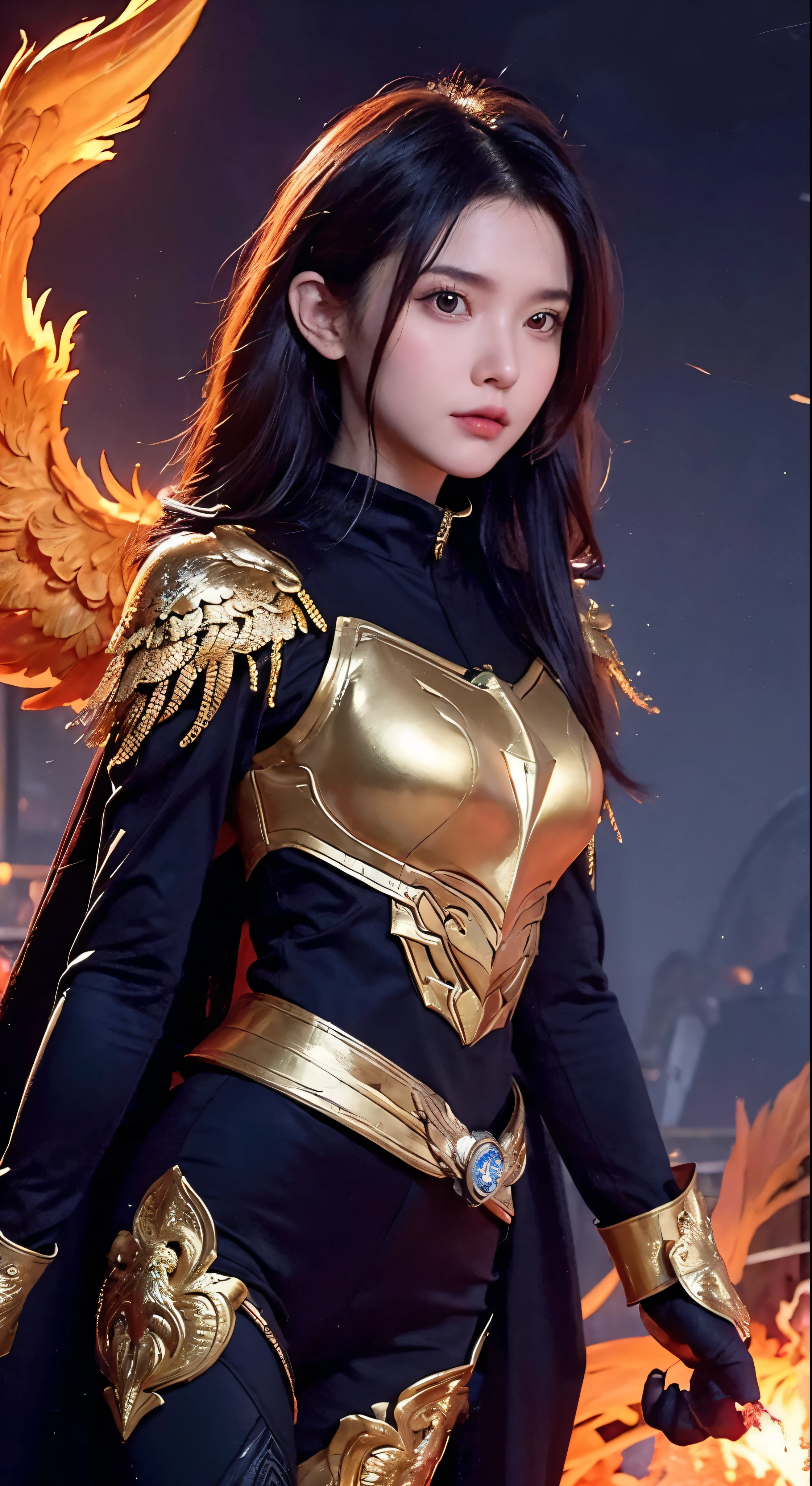 (upper body:1.3), 1girl,hoenix keeper, fireproof suit with a golden phoenix emblem, fire cage with obsidian bars, phoenix nest with shimmering golden feathers, talon gloves for handling the phoenix, fire ruby for feeding the phoenix,