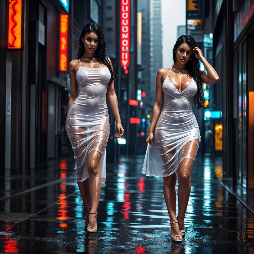 1 woman standing in the rain completely wet wearing a long loose white strappy dress totally wet from the rain., long hair. Nice detailed face, big eyes. Sensual body, curvy body, high heels. detailed. Cyberpunk city raining. Whole body. (1 woman)