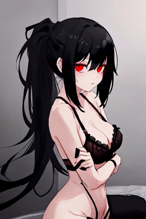 Girl with black hair tied in a ponytail having sex in semi-naked black lingerie with lace eyes, one black and one red