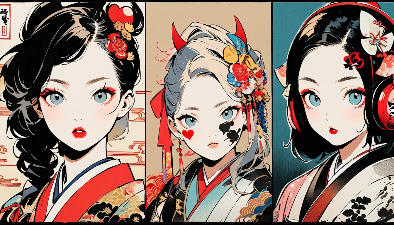 (((Ink Painting))), Fashion portrait color photos, (((1 girl))), (((devil))), (((Heart tattoo on face))), (((Very flashy hair accessories))), (((Very flashy makeup))), Japanese style headphones, front view, Japan人の美女, Black Hair, Delicate and precise, Modern ukiyo-e style,Japan, Droopy eyes, round face, Fuller lips, vivid color