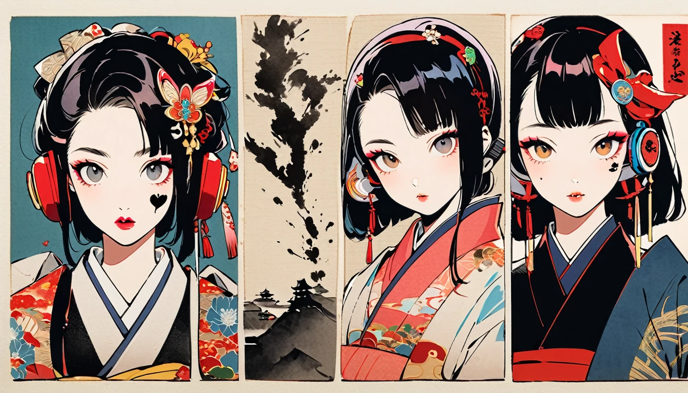 (((Ink Painting))), Fashion portrait color photos, (((1 girl))), (((devil))), (((Heart tattoo on face))), (((Very flashy hair accessories))), (((Very flashy makeup))), Japanese style headphones, front view, Japan人の美女, Black Hair, Delicate and precise, Modern ukiyo-e style,Japan, Droopy eyes, round face, Fuller lips, vivid color