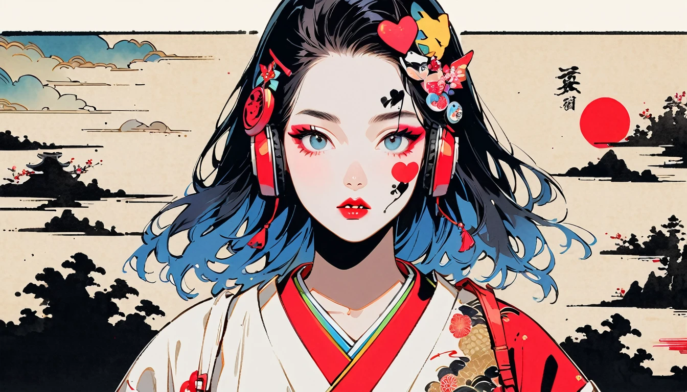 (((Ink Painting))), Fashion portrait color photos, (((1 girl))), (((devil))), (((Heart tattoo on face))), (((Very flashy hair accessories))), (((Very flashy makeup))), Japanese style headphones, front view, Japan人の美女, Black Hair, Delicate and precise, Modern ukiyo-e style,Japan, Droopy eyes, round face, Fuller lips, vivid color