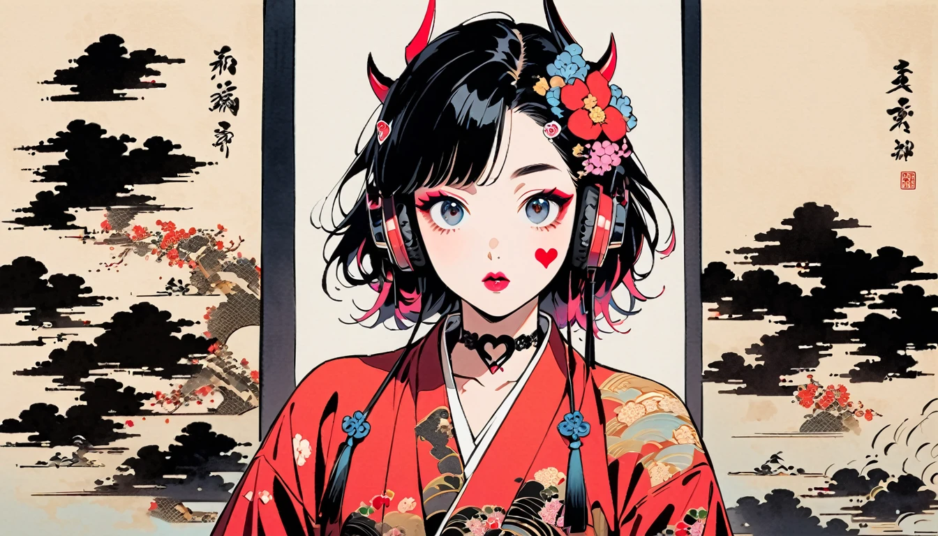 (((Ink Painting))), Fashion portrait color photos, (((1 girl))), (((devil))), (((Heart tattoo on face))), (((Very flashy hair accessories))), (((Very flashy makeup))), Japanese style headphones, front view, Japan人の美女, Black Hair, Delicate and precise, Modern ukiyo-e style,Japan, Droopy eyes, round face, Fuller lips, vivid color